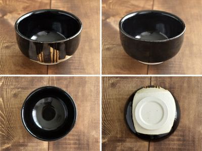 天目の釉薬が十草模様に描かれた抹茶碗。人気の器でお抹茶を楽しめます。