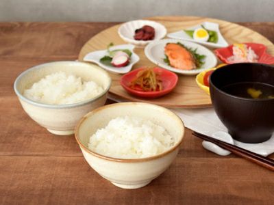 おしゃれな虹色の粒が散りばめられたお茶碗。夫婦茶碗にもオススメの