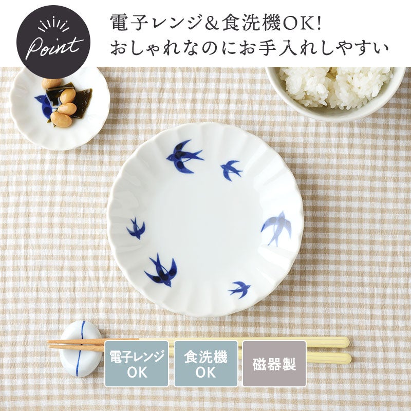 ブルーのツバメ柄が目を惹く中皿